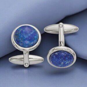Lapis Circle Cufflinks in Stainless Steel